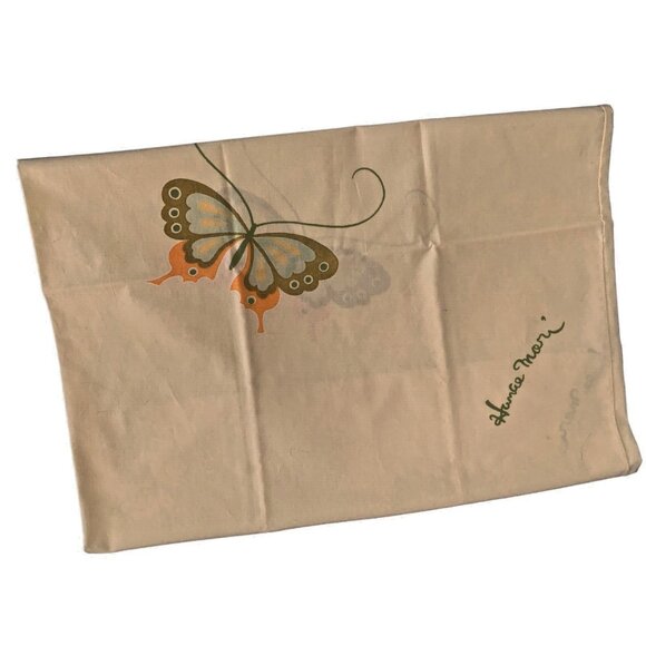 Vintage 70s Martex Butterfly Hanae Mori Pillowcase Set Two - Butter Yellow Logo - Picture 2 of 5